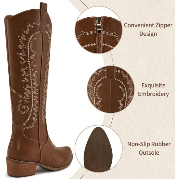 Women's Brown Embroidered Knee High Chunky Heel Pointed Zipper Tall Boots - Picture 4 of 7